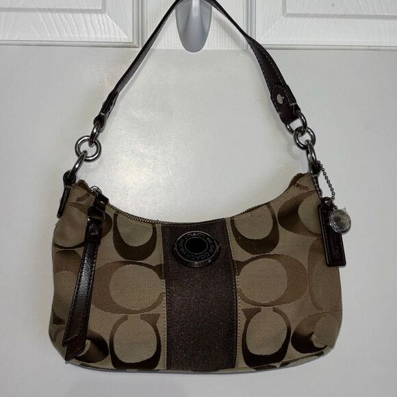 COACH Khaki Signature Stripe Mini Handbag A1221-F19218 tan/brown/khaki - Picture 2 of 11